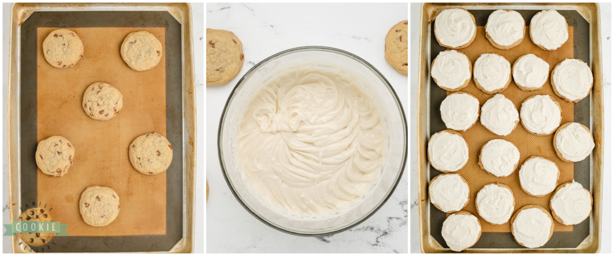 Adding frosting to the cookies. 
