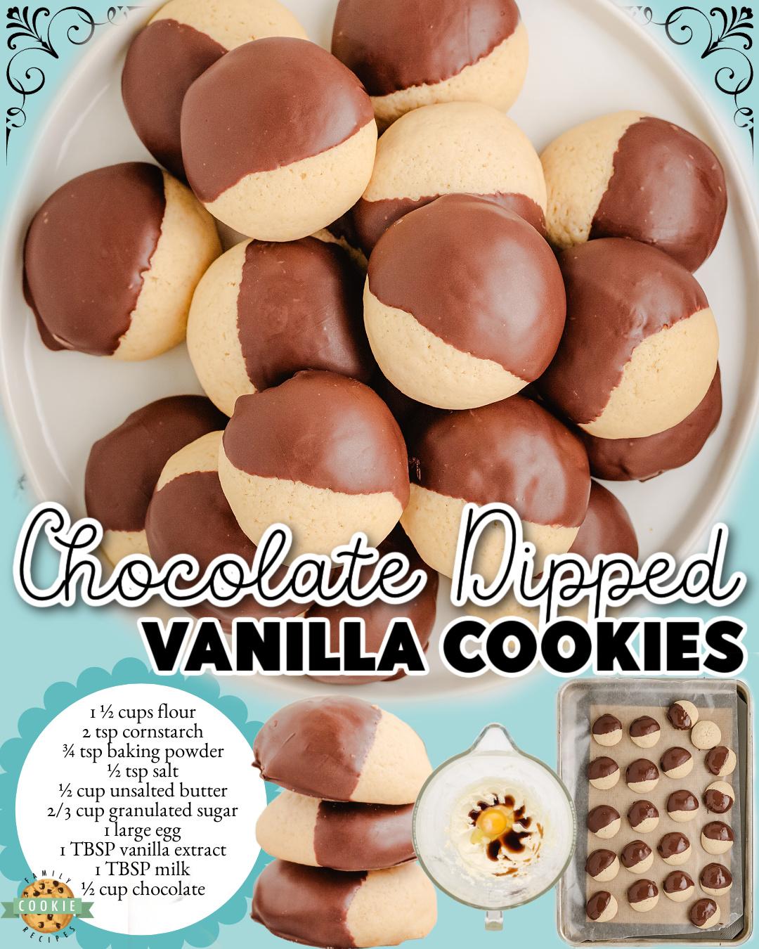 Chocolate Dipped Vanilla Cookies are homemade Nilla wafers made with flour, cornstarch, butter, & vanilla extract baked & covered in chocolate!