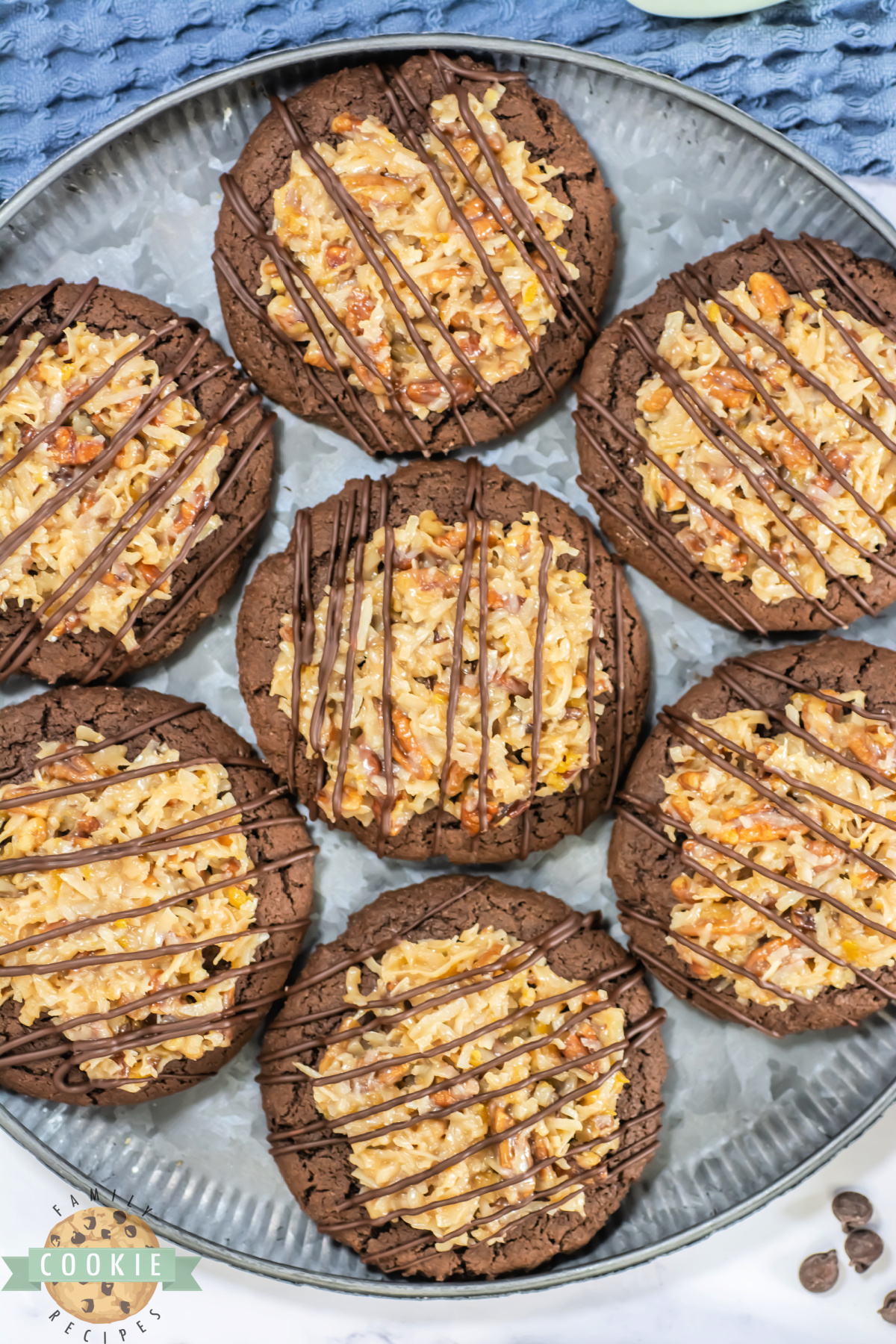 Chocolate cookies topped with a coconut and pecan topping.
