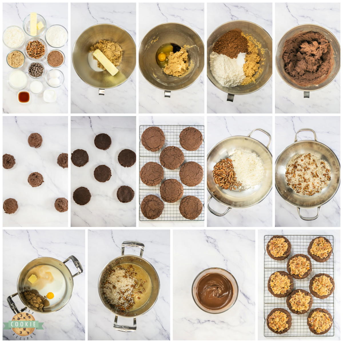 Step by step instructions on how to make Copycat Crumbl German Chcoolate Cake Cookies.