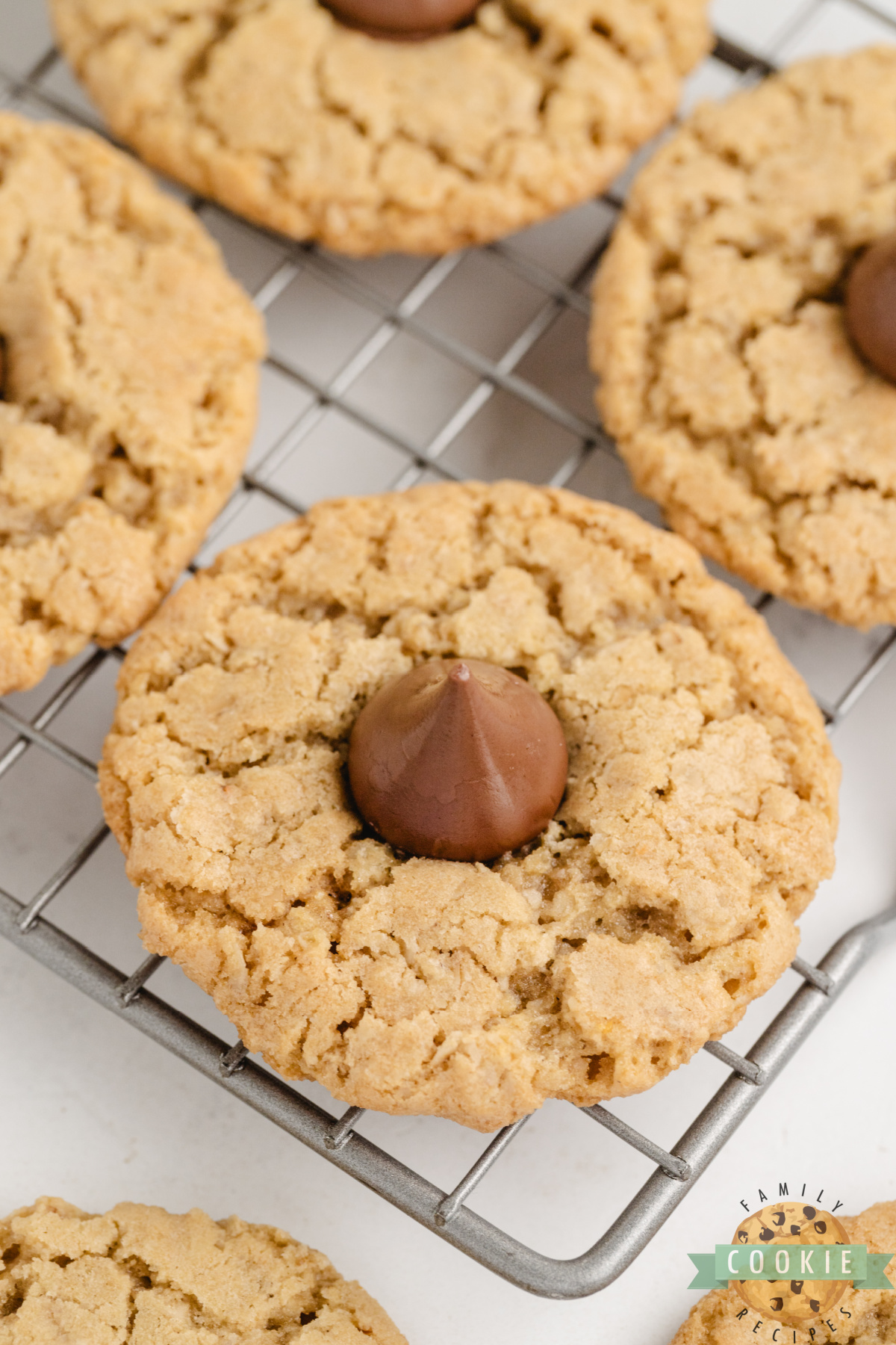 Oatmeal cookies with a Hershey kiss in the center.