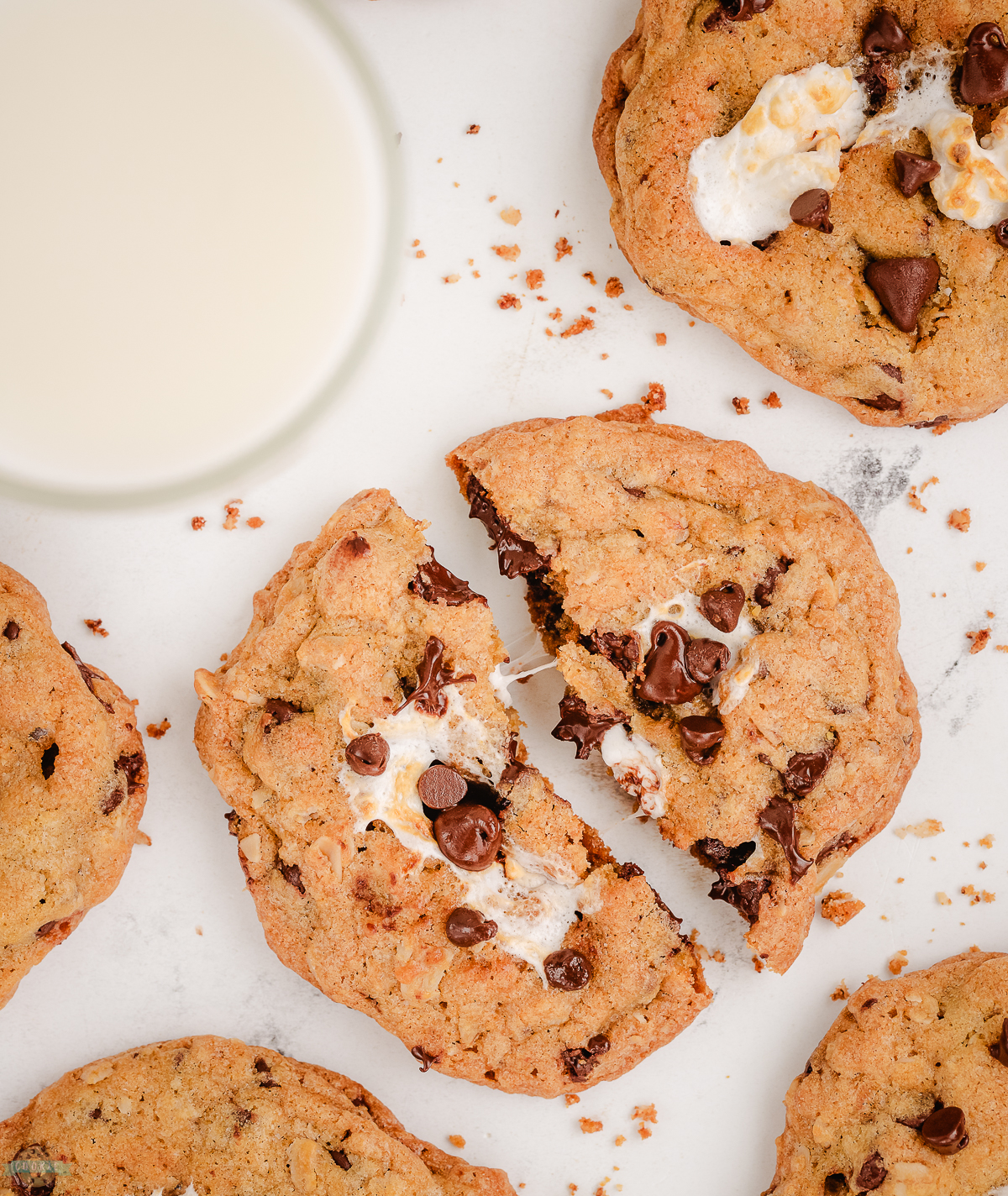 marshmallow stuffed oatmeal chocolate chip cookie broken in half