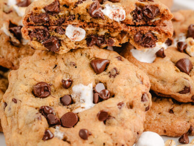 oatmeal marshmallow cookies in a pile with one broken in half