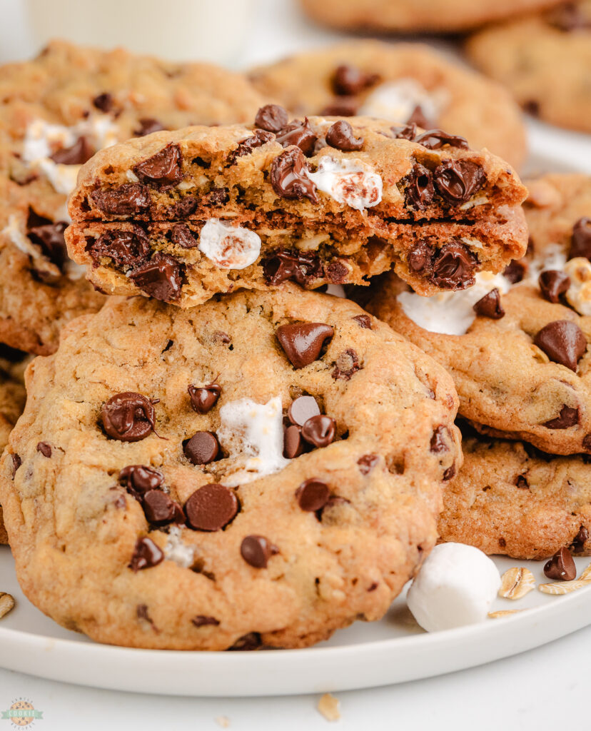oatmeal marshmallow cookies in a pile with one broken in half