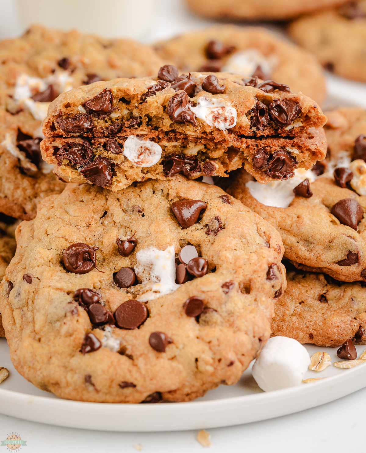 oatmeal marshmallow cookies in a pile with one broken in half