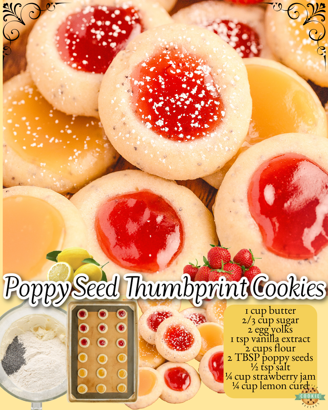 Delightful Poppy Seed Thumbprint Cookies made with butter, sugar, egg yolks & flour, then topped with strawberry jam or lemon curd for a bright fruity flavor!
