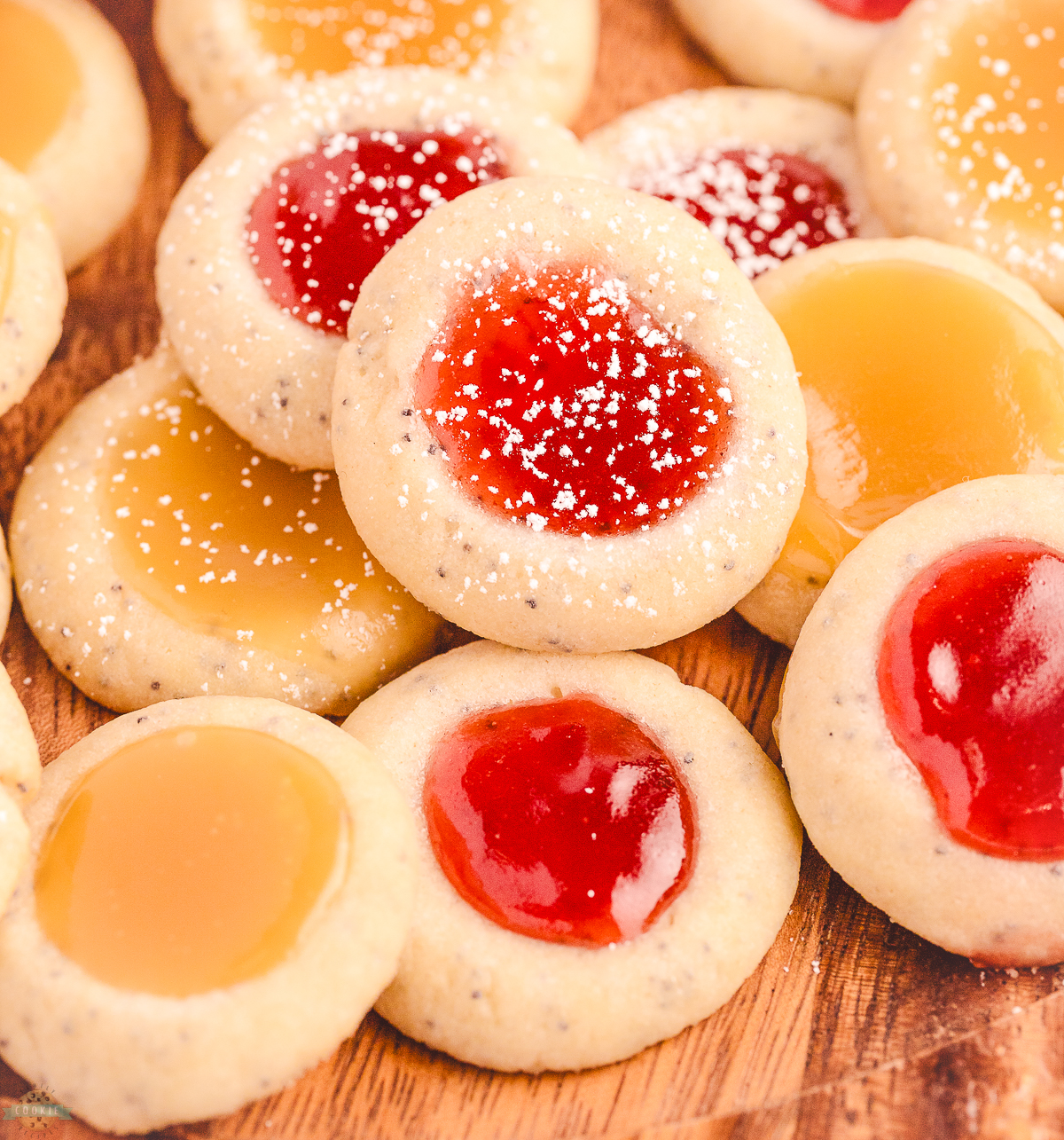 poppy seed thumbprint cookies made with jam and lemon curd