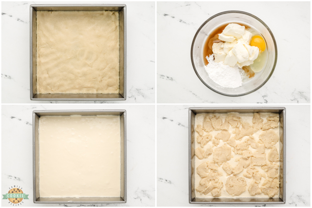 Step by step instructions on how to make Cheesecake Sugar Cookie Bars.