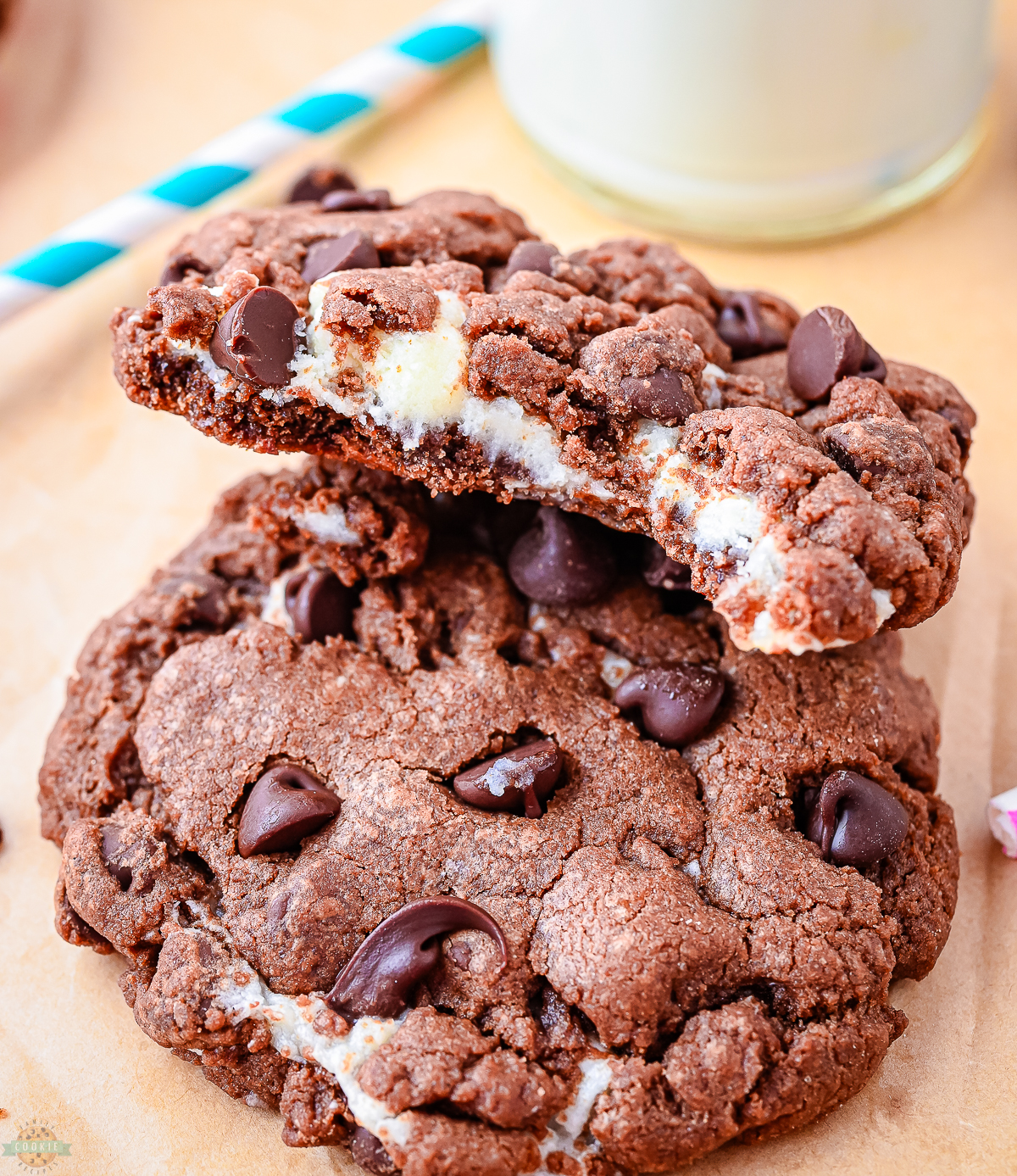 bite taken out of a cream cheese and chocolate cookie