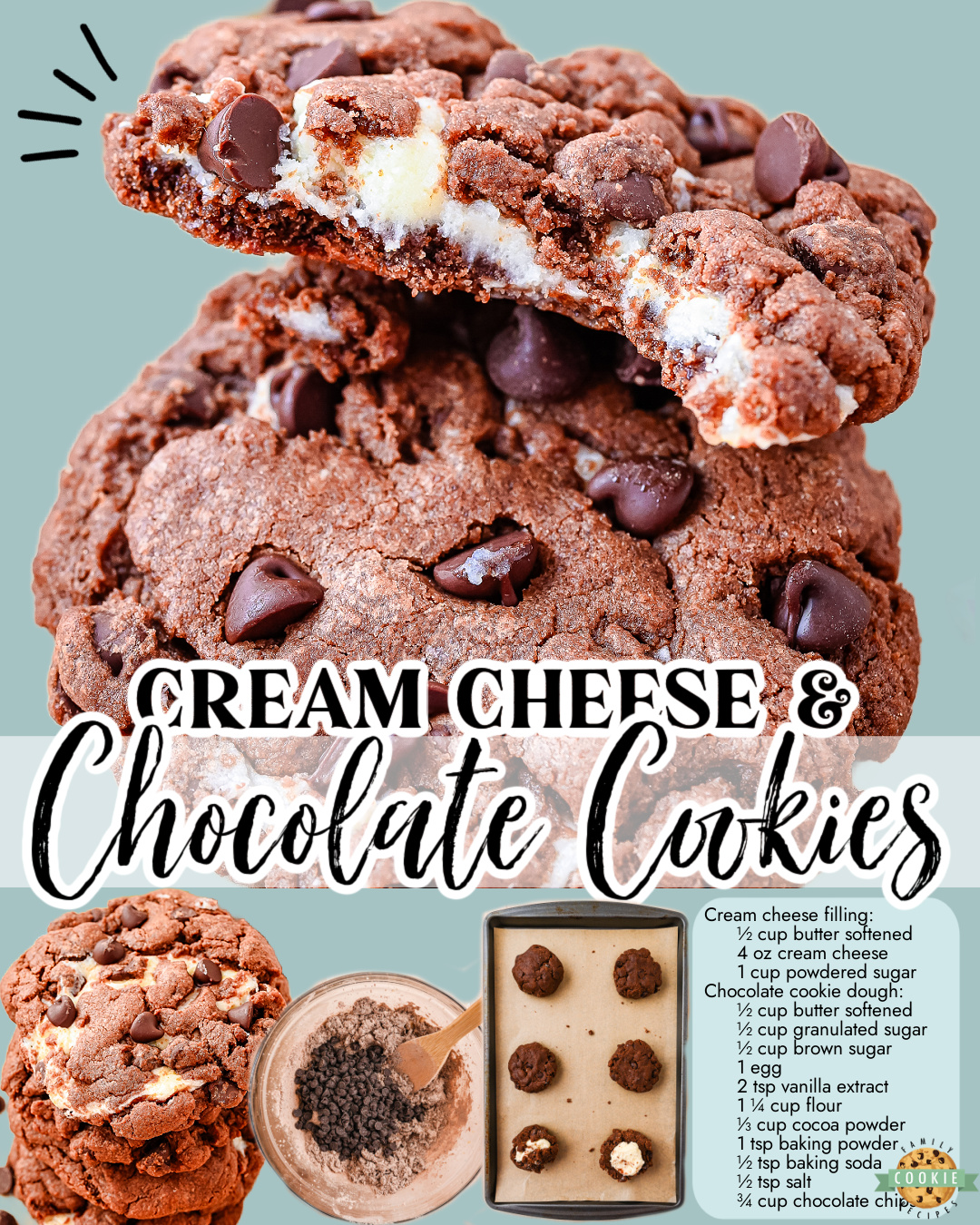 Cream Cheese and Chocolate Cookies made with a buttery dough & two types of chocolate stuffed with cream cheese filling for a dozen decadent, bakery style cookies!