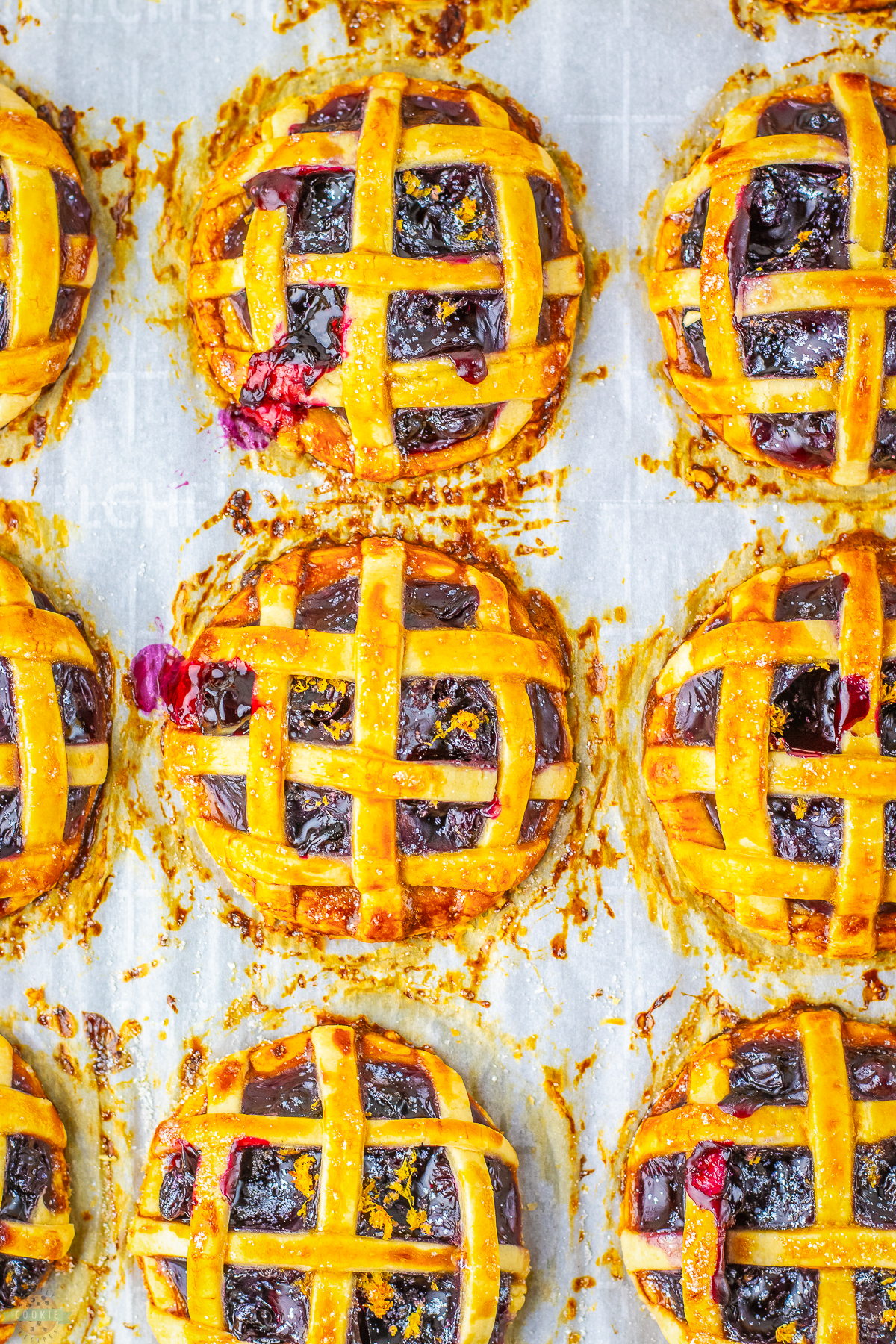 blueberry pie cookies on a baking sheet