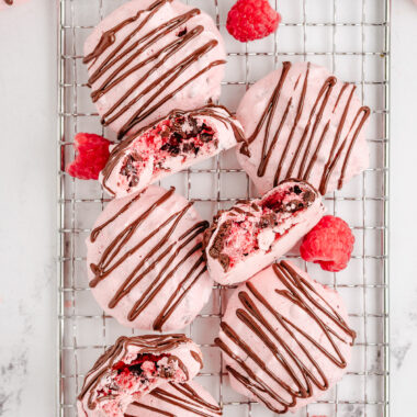 raspberry meringues drizzled with chocolate