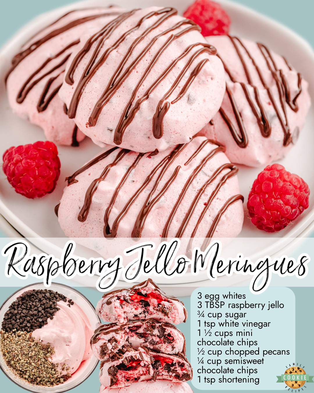 Raspberry Meringues made easy with Jell-O, egg whites, sugar, chocolate chips & pecans! Light & airy raspberry cookies with lovely flavor.