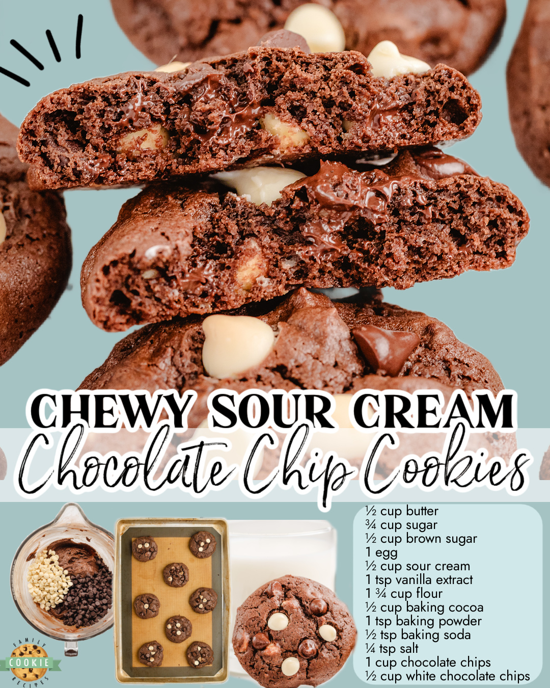 Sour Cream Chocolate Chip Cookies made with butter, brown sugar, sour cream, cocoa & chocolate chips for a rich cookie loaded with chocolate!