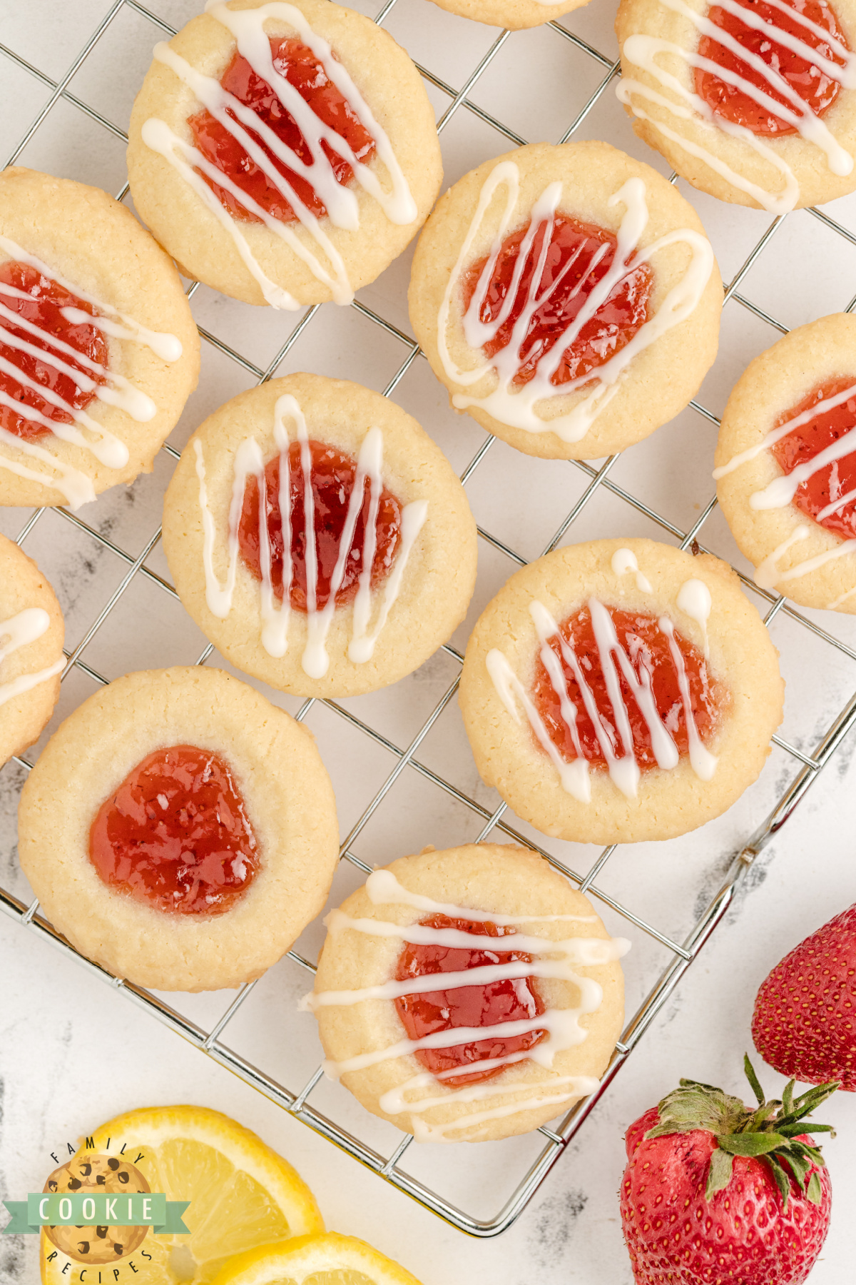 Lemon thumbprint cookies with a strawberry filling.