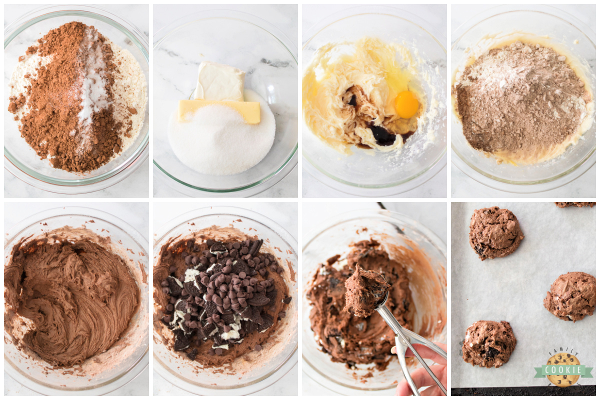 Step by step instructions on how to make Chocolate Oreo Cheesecake Cookies.
