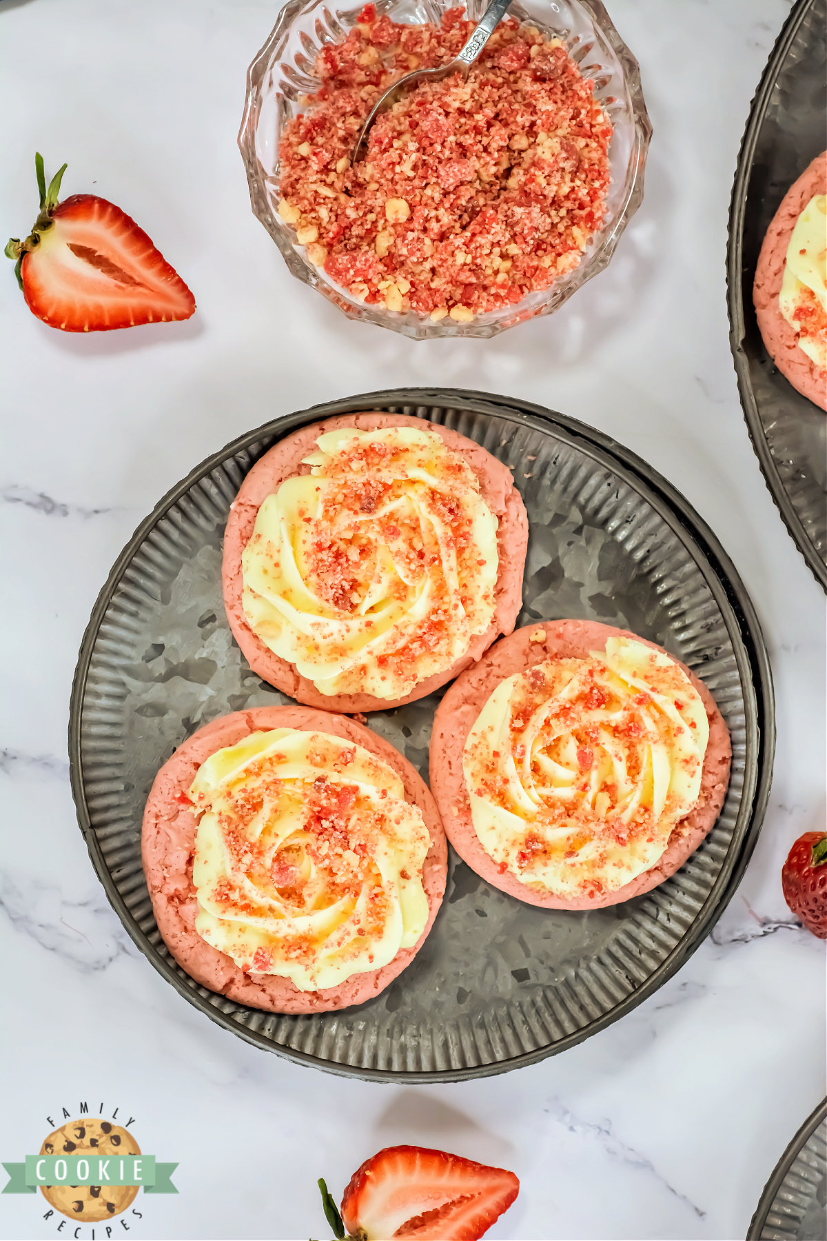 Copycat Crumbl Strawberry Shortcake Cookies made with cake mix, creamy frosting, and streusel topping. Sweet, soft, and bakery-style!