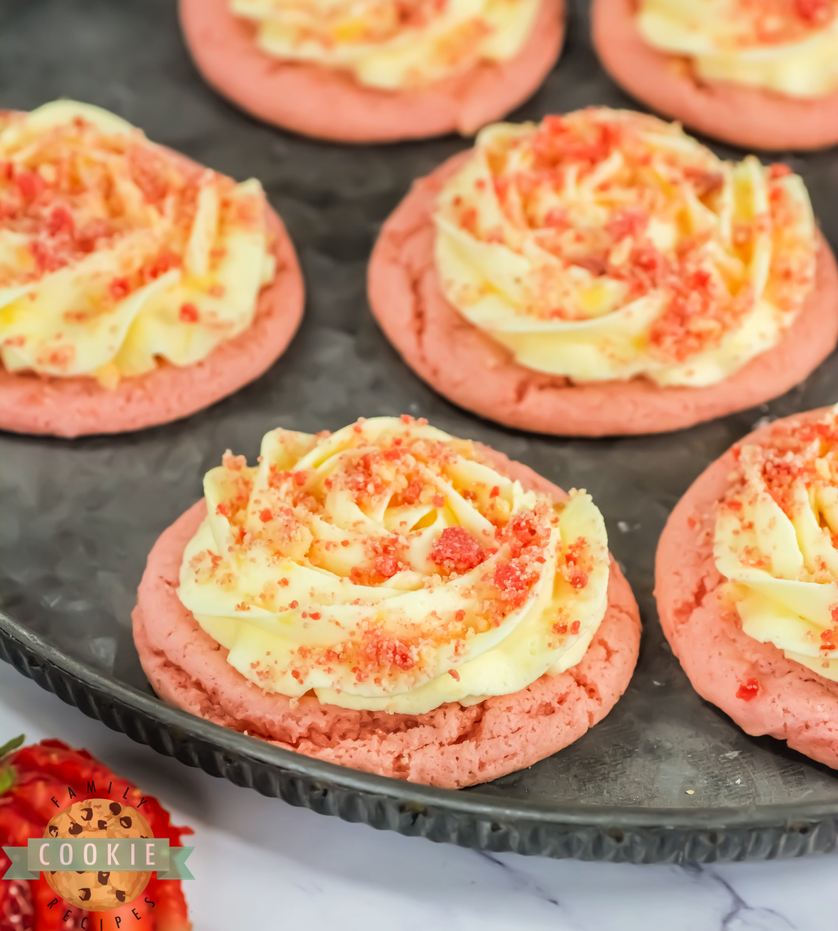Copycat Crumbl Strawberry Shortcake Cookies made with cake mix, creamy frosting, and streusel topping. Sweet, soft, and bakery-style!