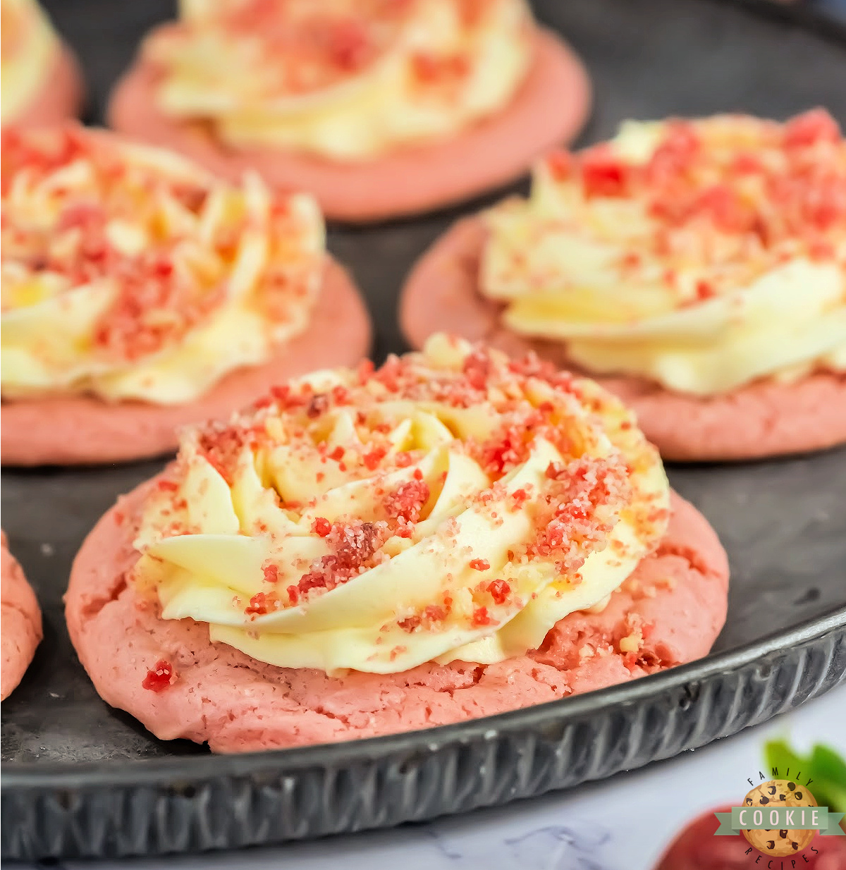 Copycat Crumbl Strawberry Shortcake Cookies made with cake mix, creamy frosting, and streusel topping. Sweet, soft, and bakery-style!