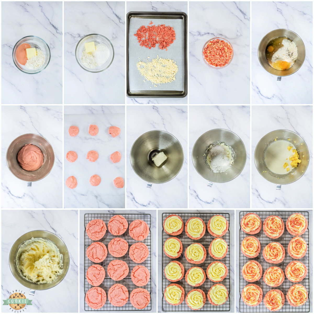 Step by step instructions on how to make Copycat Crumbl Strawberry Shortcake Cookies.