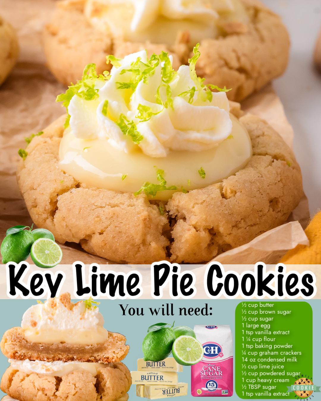 Key Lime Cookies are buttery sugar cookies topped with a creamy key lime filling and freshly whipped cream. Everything you love about key lime pie, in a cookie!