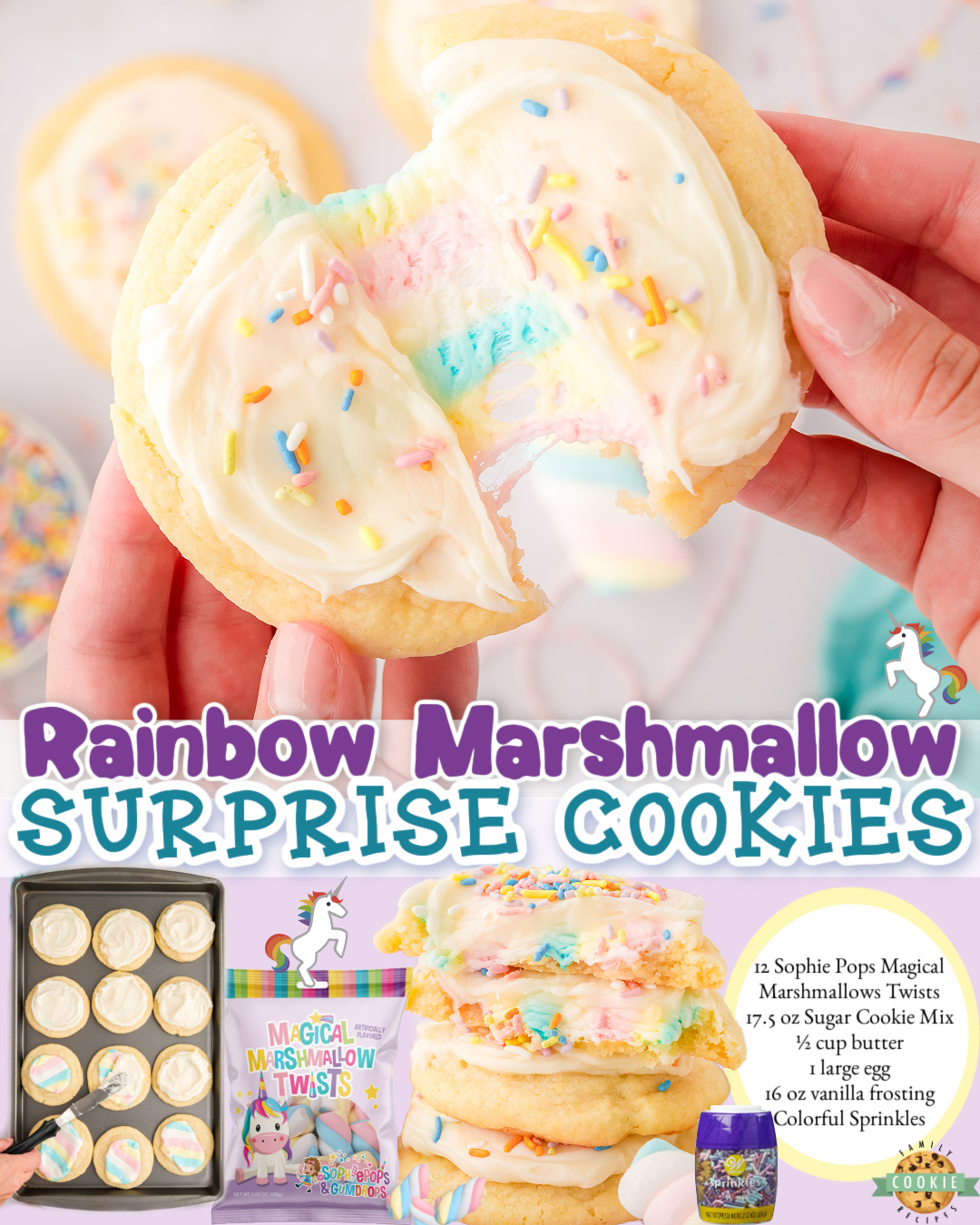 Magical Marshmallow Surprise Cookies made easy with sugar cookie mix, butter, an egg & rainbow twist marshmallows and festive sprinkles for a delightful, tasty treat!