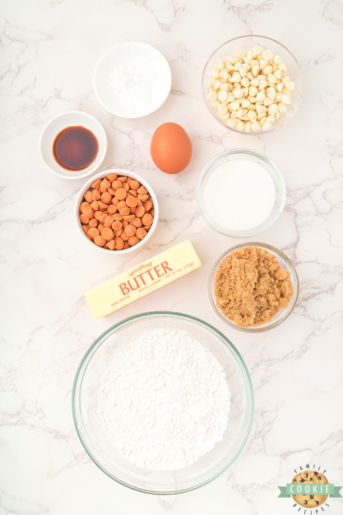 Ingredients in Salted Caramel White Chocolate Chip Cookie recipe.