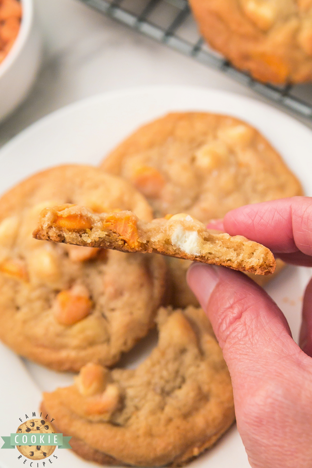 The center of a cookie made with caramel chips and white chocolate chips. 