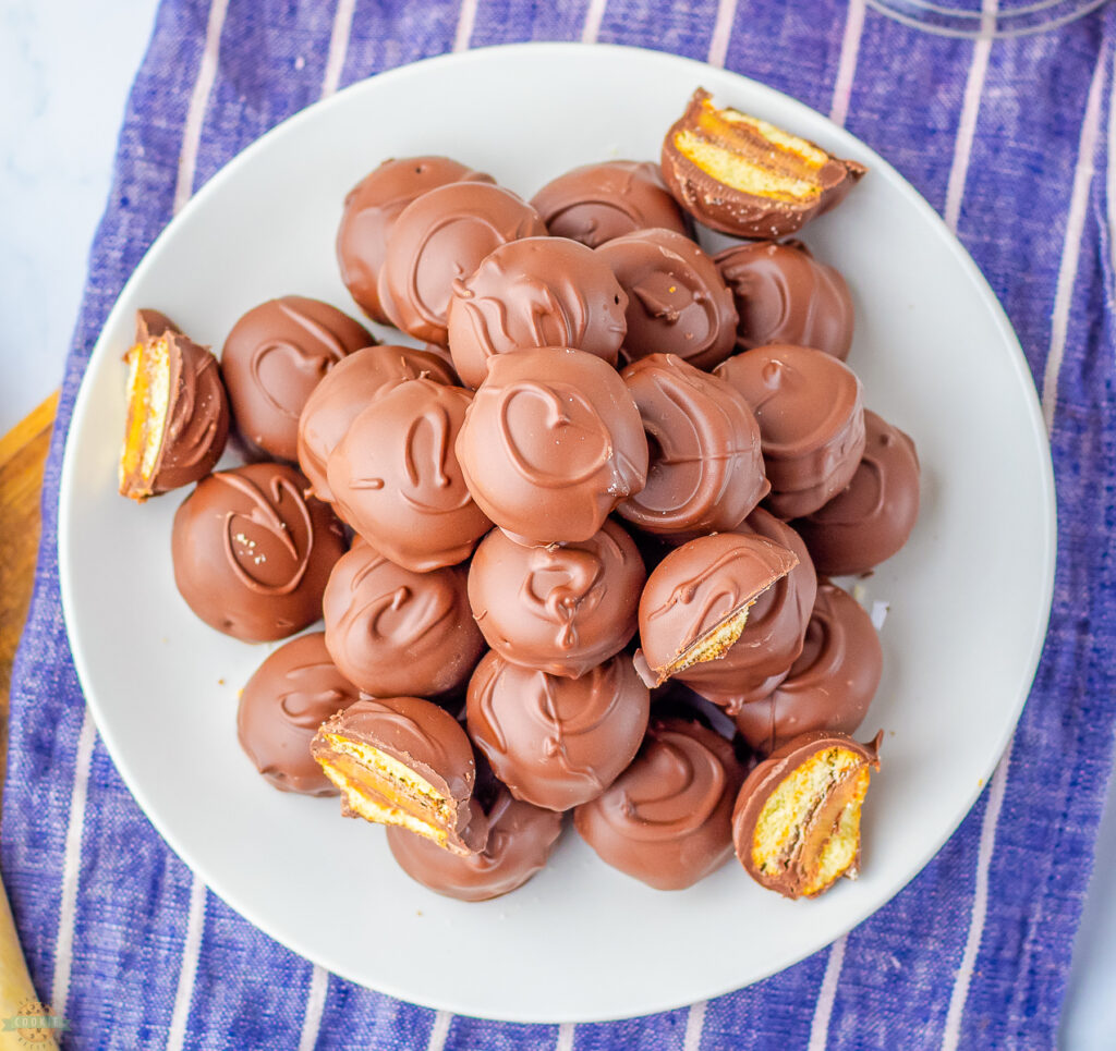 easy 3 ingredient Twix Cookie Bites on a white plate