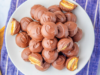 easy 3 ingredient Twix Cookie Bites on a white plate