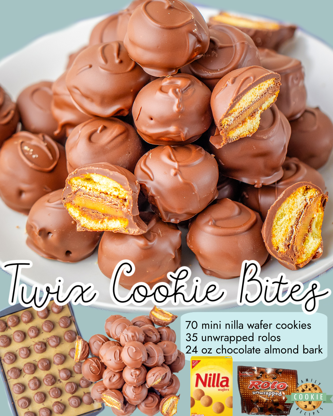 Twix Cookie Bites made easy with Nilla wafer cookies, Rolo chocolates and almond bark! No-bake chocolate caramel cookies with classic Twix flavor.