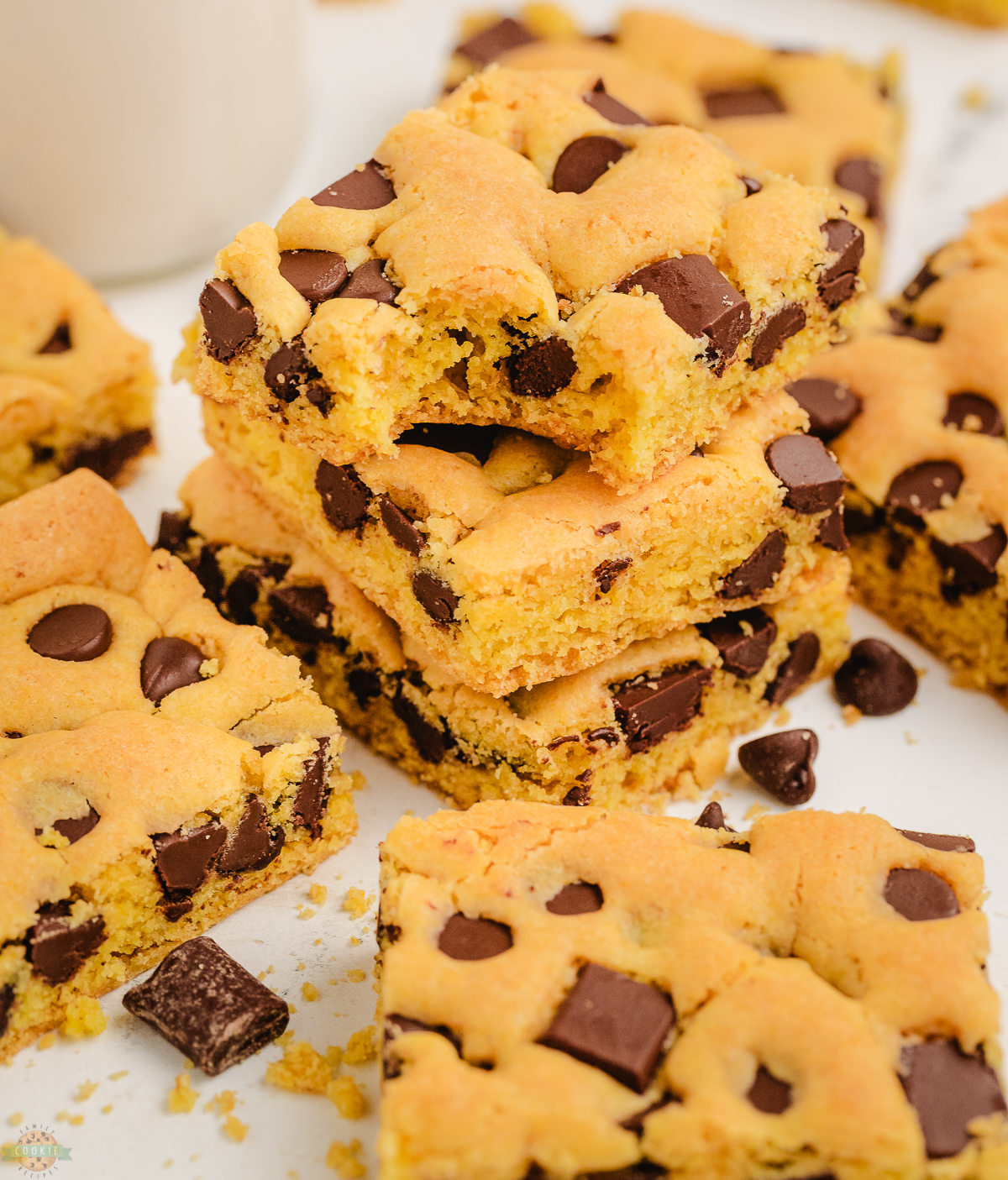 bite taken out of a chocolate chip cookie bar