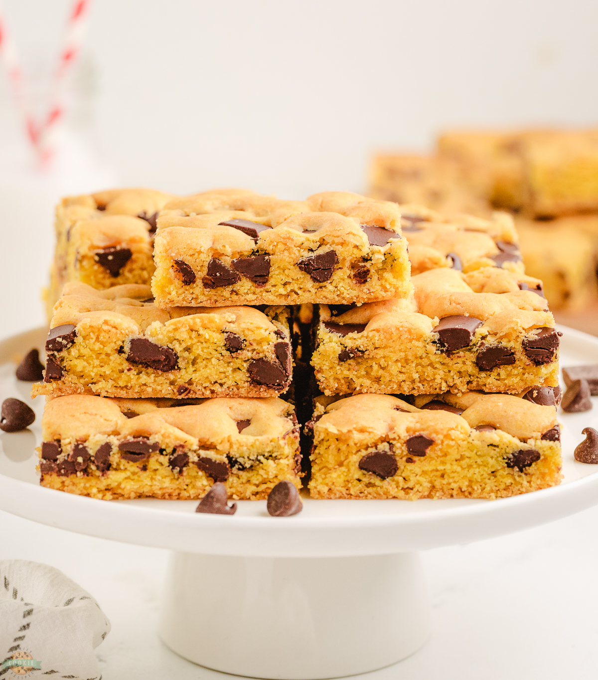 stack of cake mix chocolate chip cookie bars on a cake stand