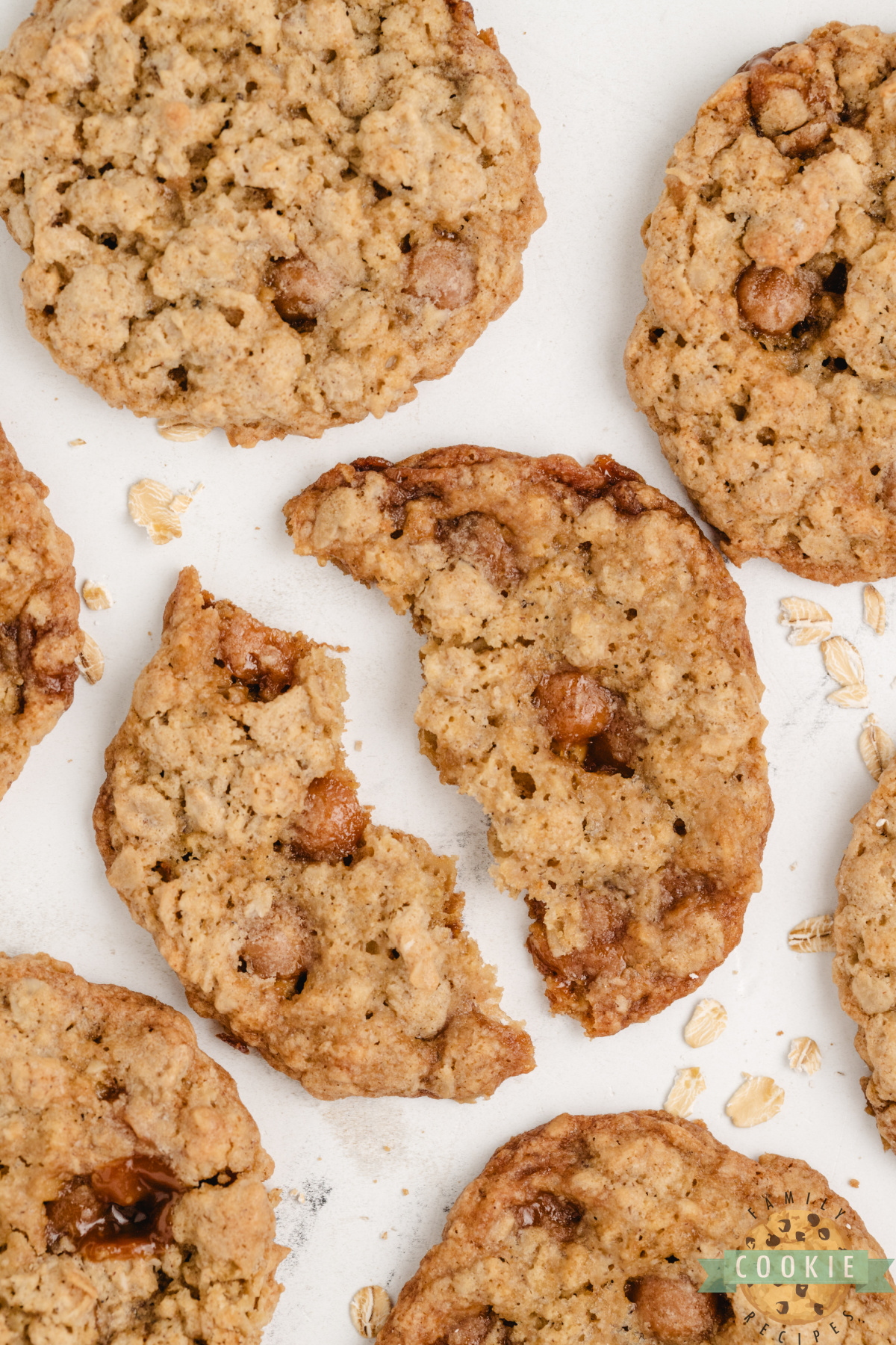 Caramel Oatmeal Cookie broken in half. 