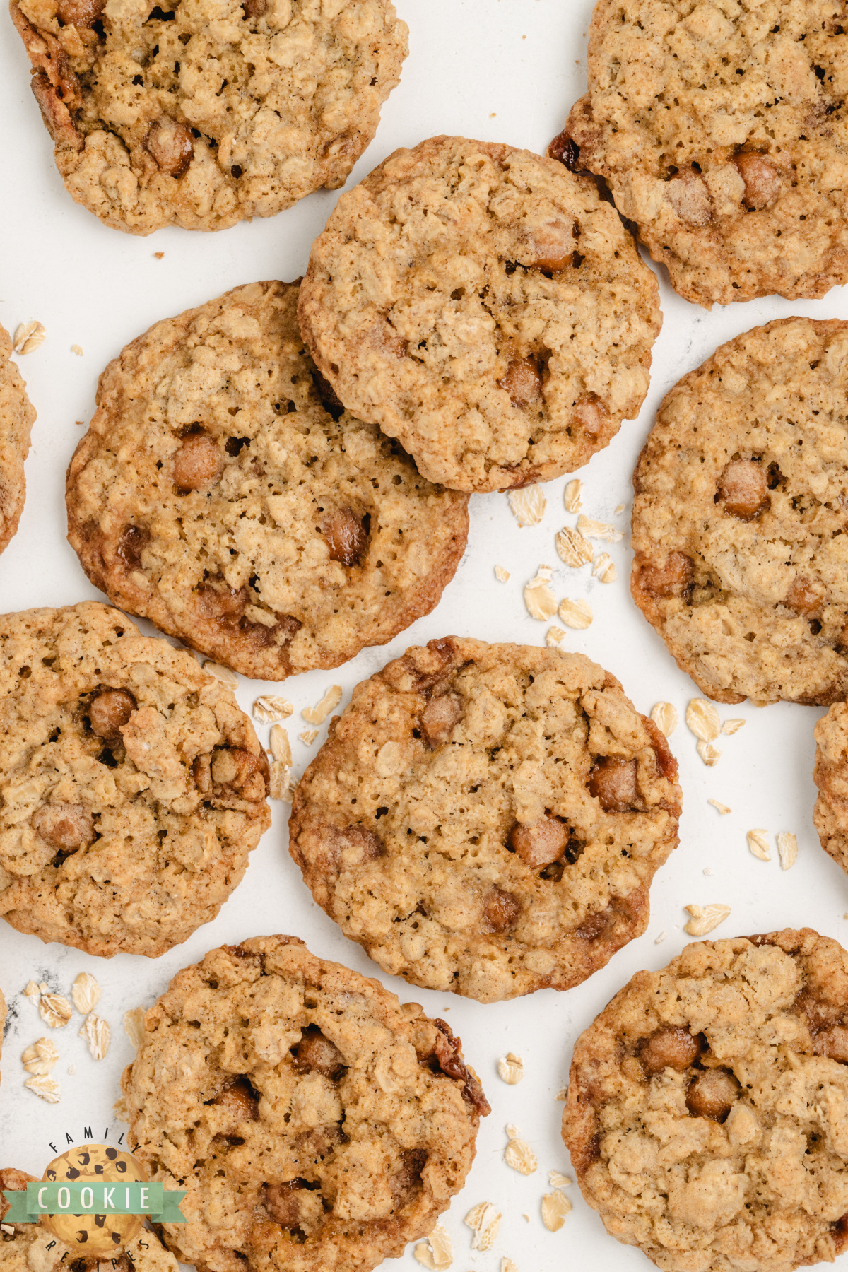 Oatmeal cookies made with Kraft Caramel Bits.