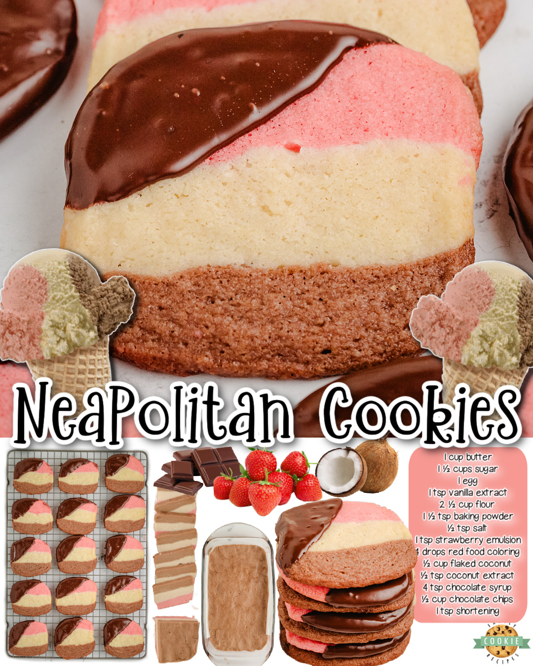 Chocolate Dipped Neapolitan Cookies are buttery cookies with chocolate, strawberry & coconut flavors, baked & dipped in chocolate! Tasty, beautiful cookies reminiscent of Neapolitan ice cream!