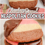 Chocolate Dipped Neapolitan Cookies are buttery cookies with chocolate, strawberry & coconut flavors, baked & dipped in chocolate! Tasty, beautiful cookies reminiscent of Neapolitan ice cream!