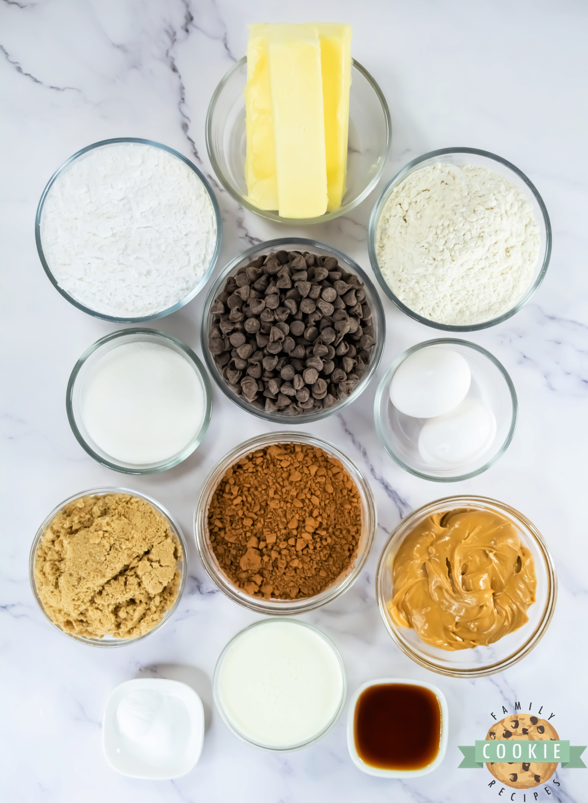 Ingredients in Copycat Crumbl Buckeye Brownie Cookies.