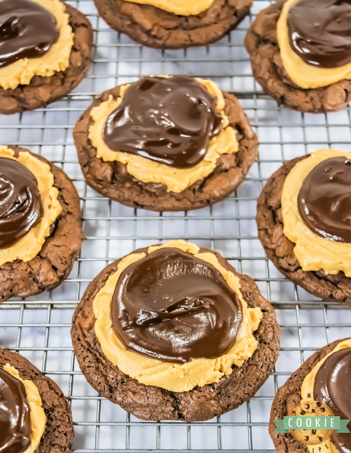 Crumbl Copycat Buckeye Brownie Cookies are rich, decadent, triple-layered cookies inspired by the classic peanut butter buckeye candy.