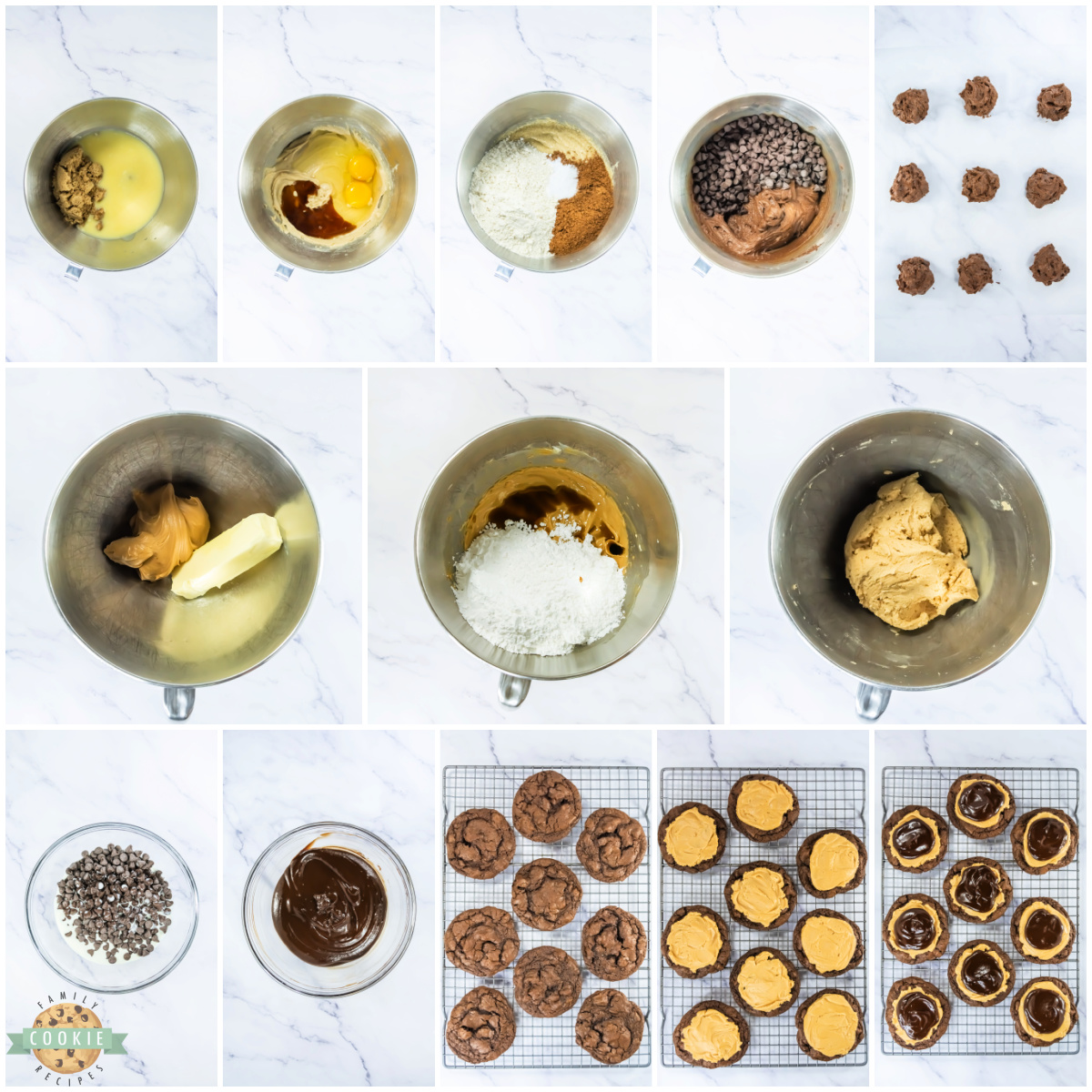 Step by step instructions on how to make Copycat Crumbl Buckeye Brownie Cookies.