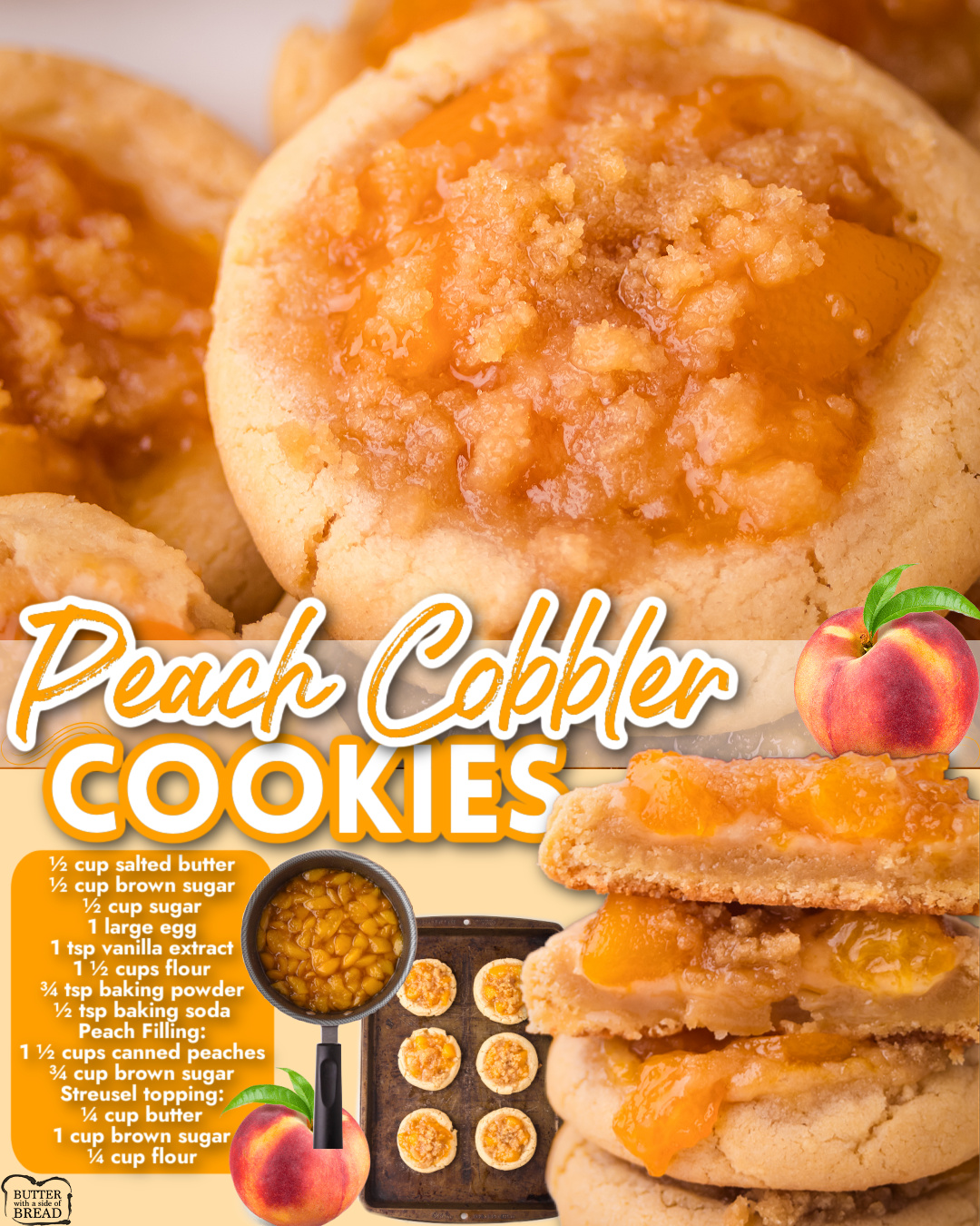 Peach Cobbler Cookies made with a buttery sugar cookie dough topped with sweet peaches & brown sugar streusel topping. Everything you love about peach cobbler in cookie form!