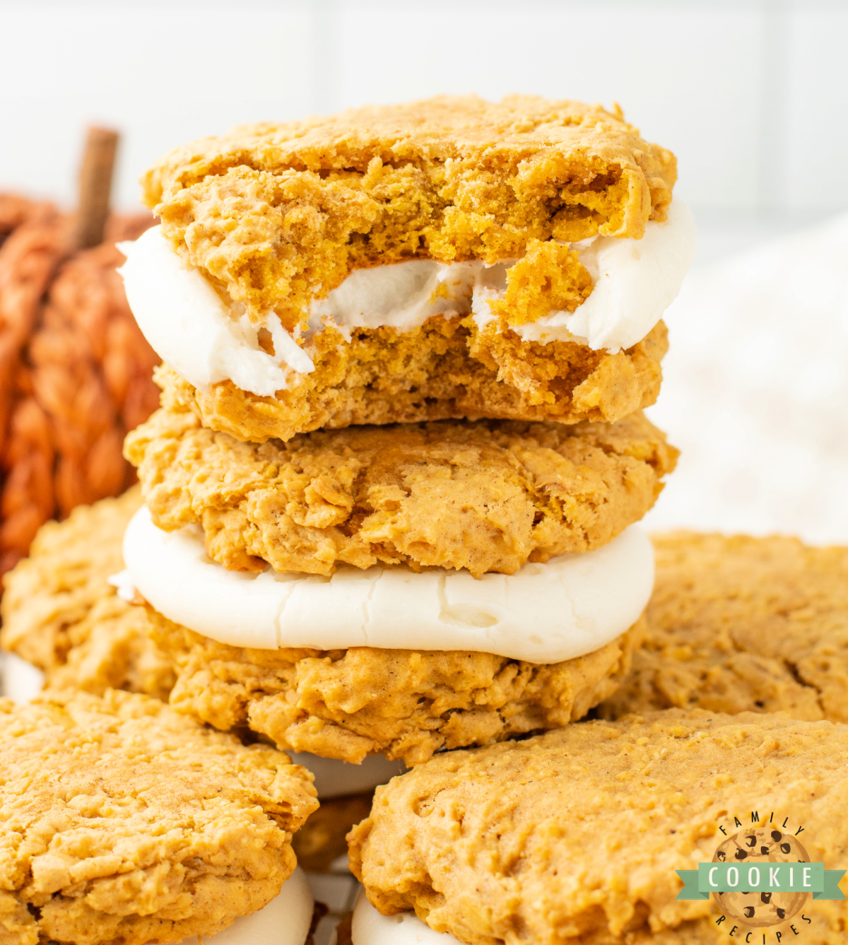 These Pumpkin Oatmeal Cream Pies are soft, chewy, and spiced with pumpkin, cinnamon & nutmeg, then filled with sweet cream cheese frosting.