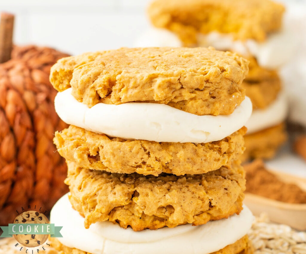 These Pumpkin Oatmeal Cream Pies are soft, chewy, and spiced with pumpkin, cinnamon & nutmeg, then filled with sweet cream cheese frosting. 