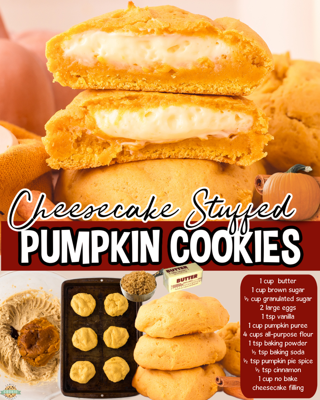 Cheesecake Stuffed Pumpkin Cookies made with spiced pumpkin cookie dough stuffed with sweet cheesecake filling!