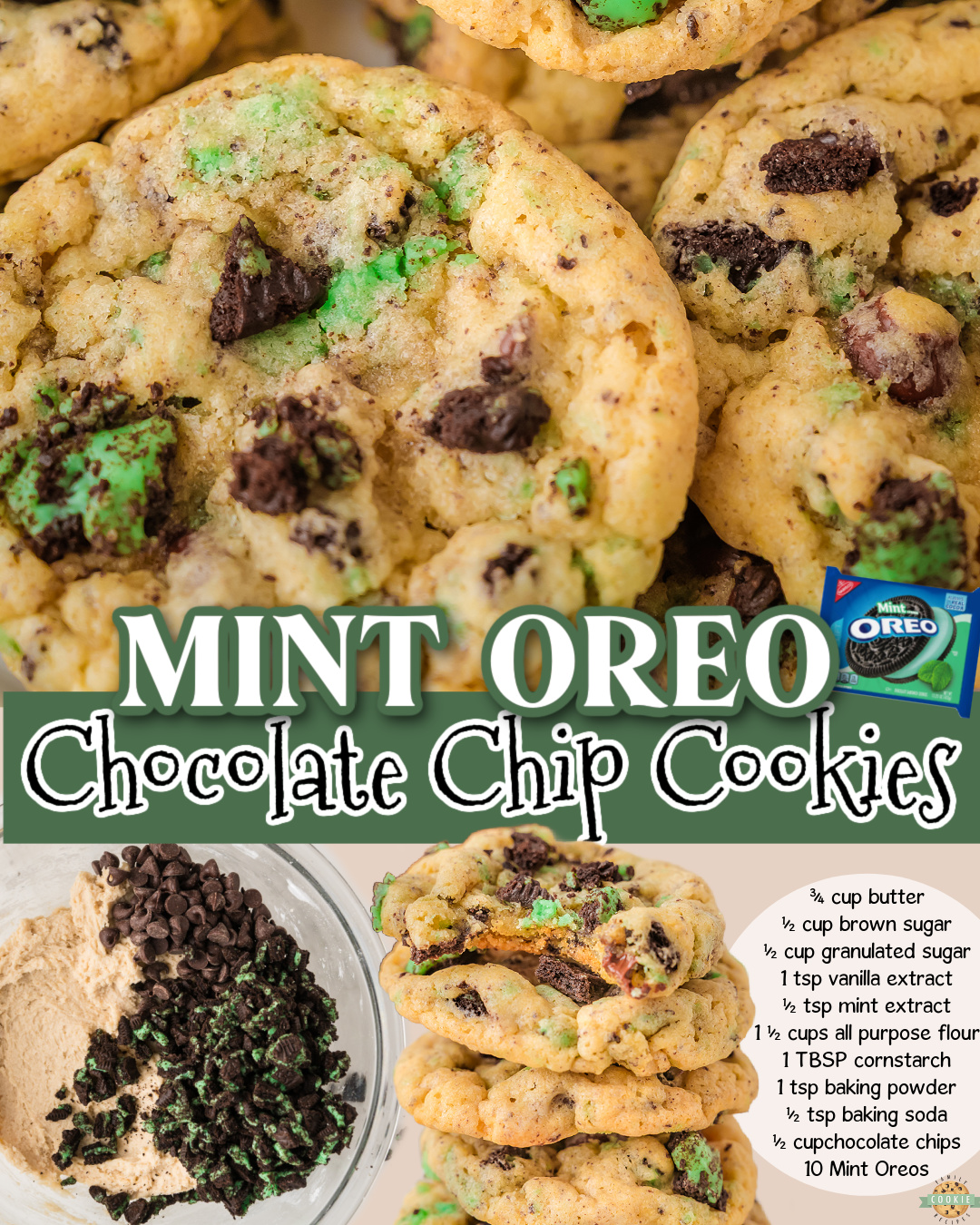 Mint Oreo Cookies made with classic ingredients plus chocolate chips & crushed mint Oreos for a delicious chocolate mint cookie!