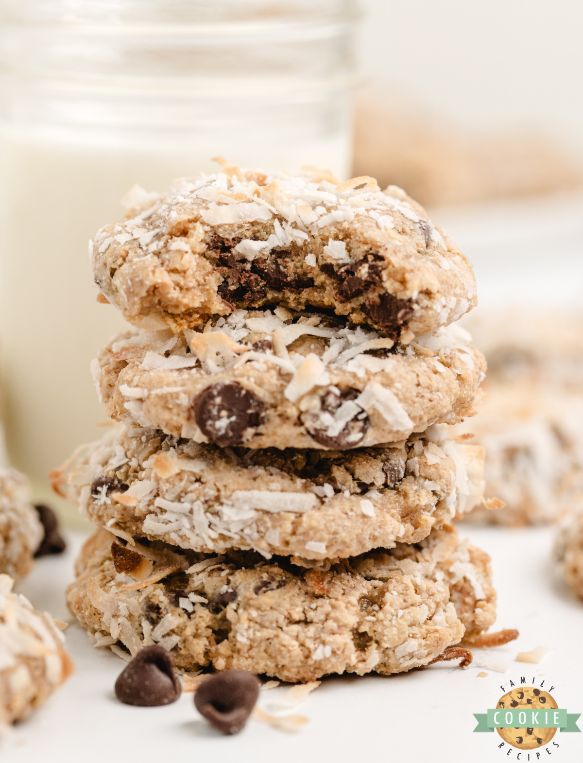 Stack of chewy graham cracker coconut cookies with chocolate chips.