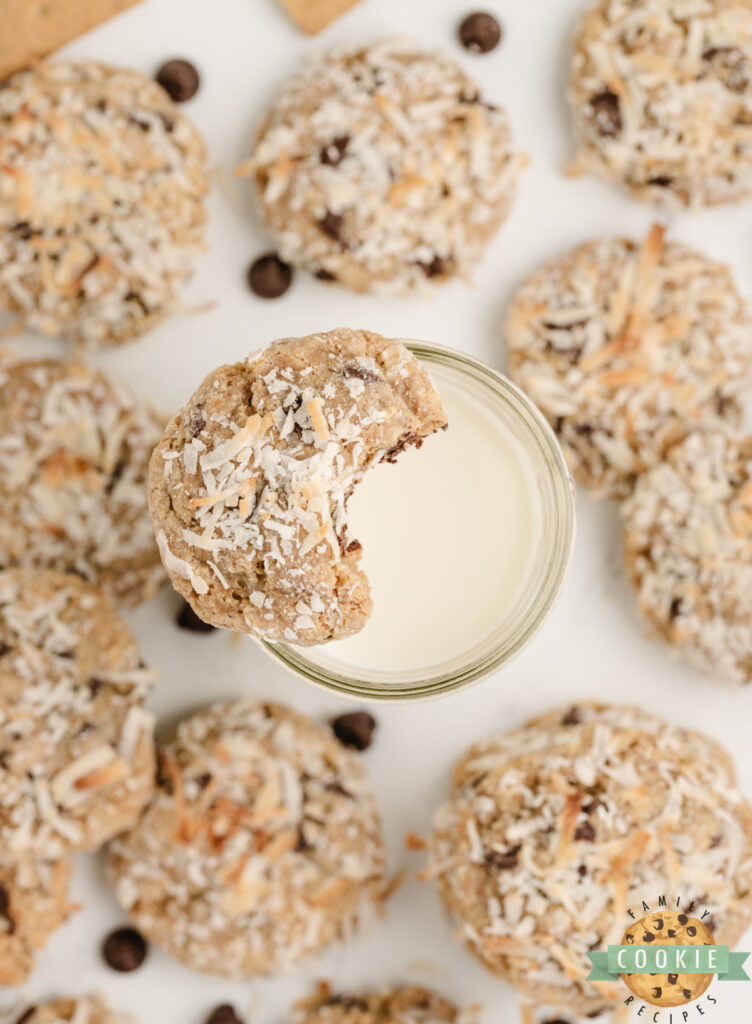 Soft and chewy coconut cookies made with graham cracker crumbs.