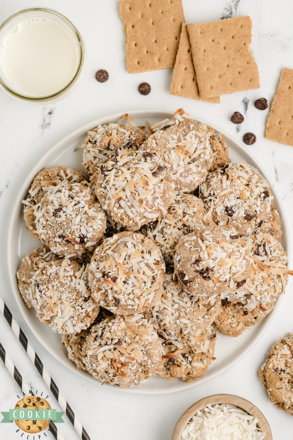 A plate of Graham Cracker Coconut Cookies.