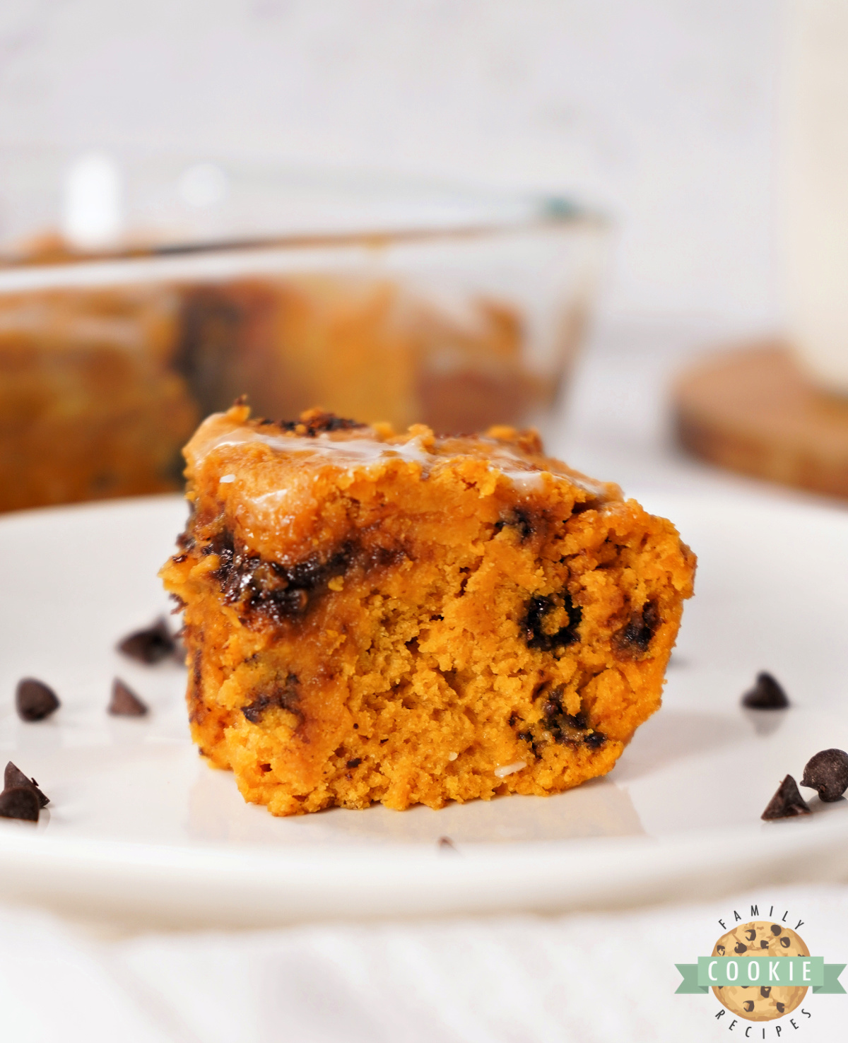 Close-up of cookie mix pumpkin bars with powdered sugar icing.