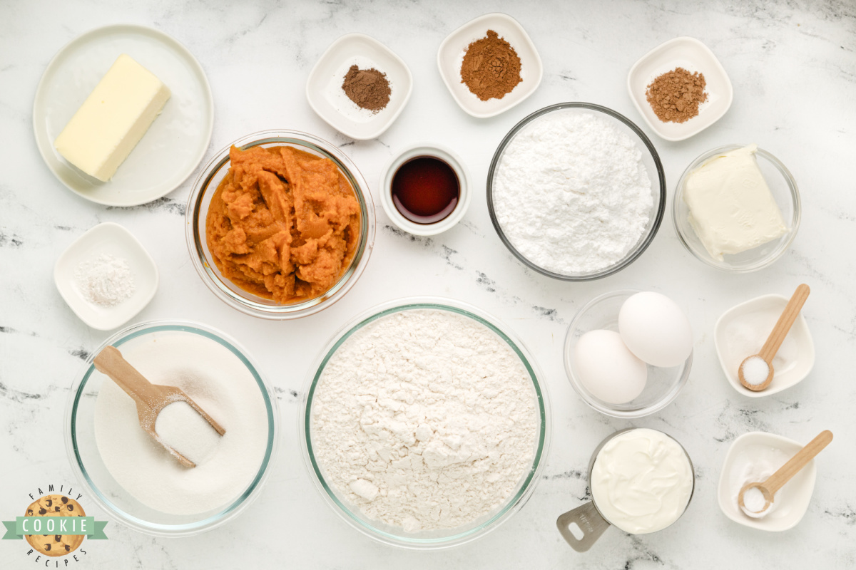 Ingredients in Pumpkin Sugar Cookies with cream cheese frosting.